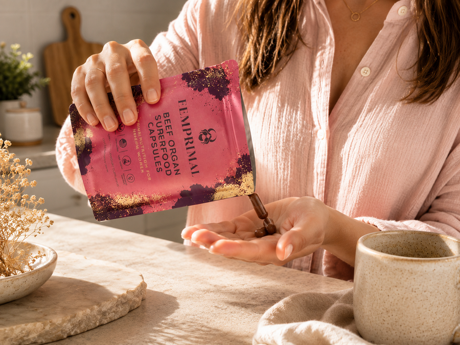Pouring FEMPRIMAL capsules from the pouch into an open palm