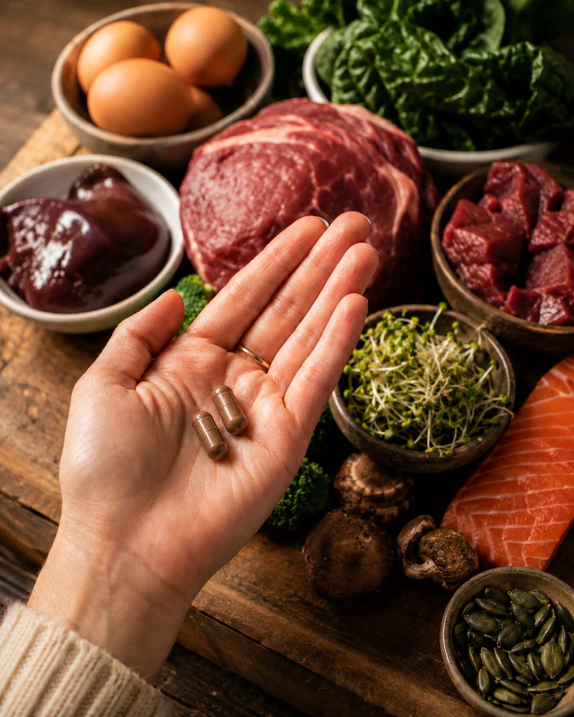 Two capsules held above a counter of nutrient-dense whole foods
