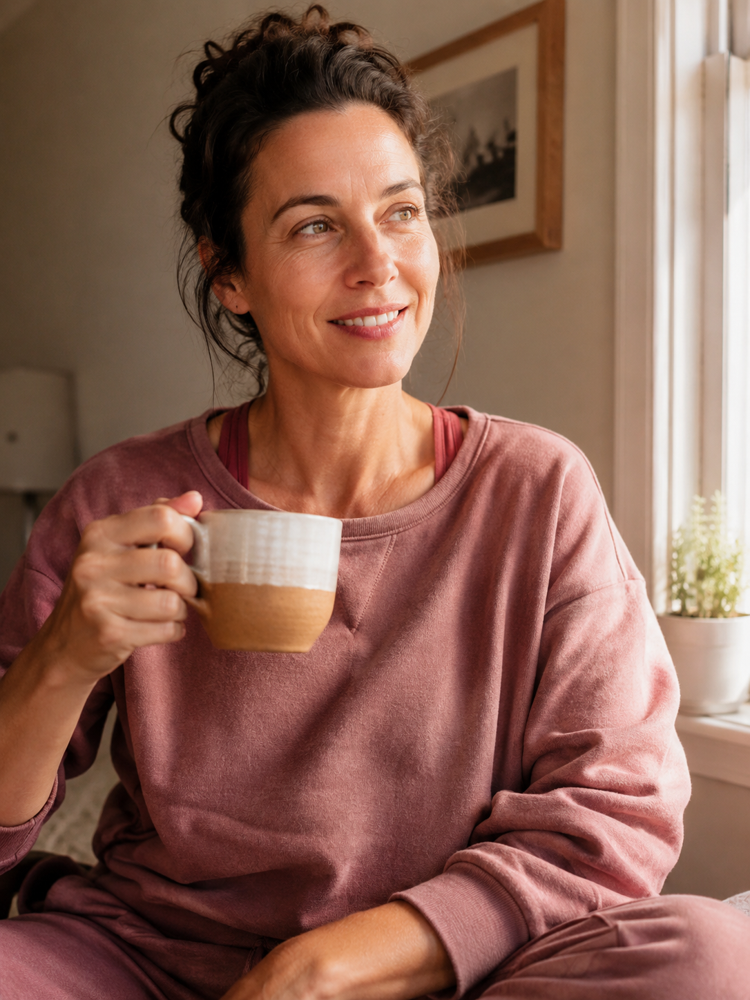 Radiant, energized woman in warm morning light