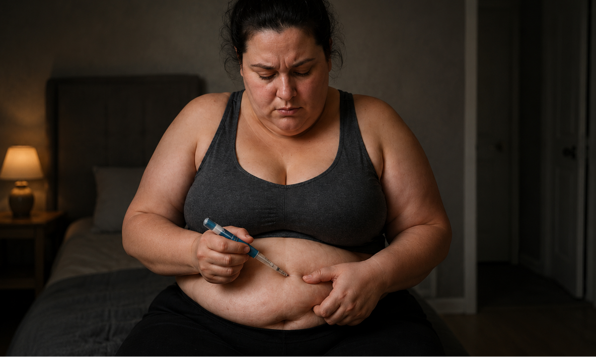 Woman staring at a tiny portion on a large plate, visibly drained