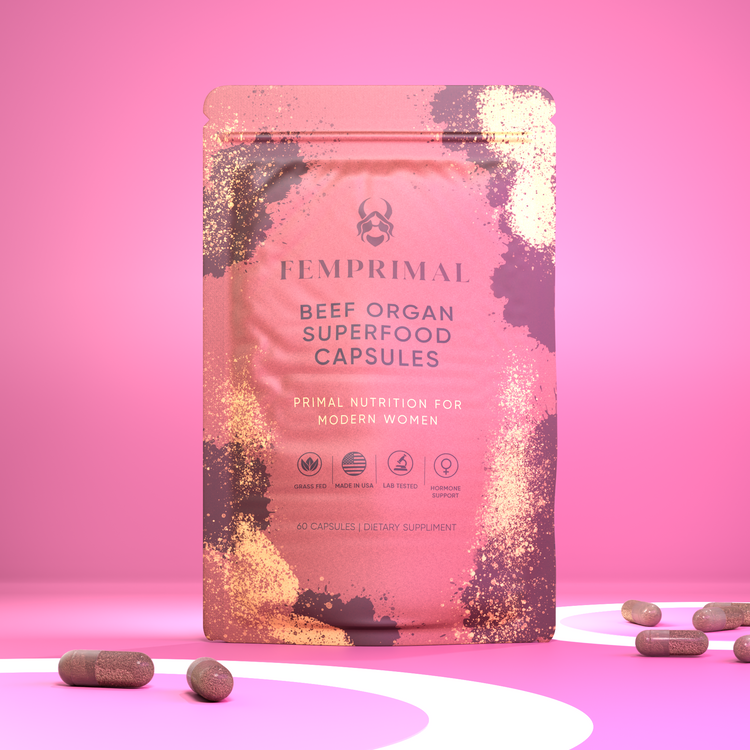FEMPRIMAL Beef Organ Superfood Capsules front packaging on pink background showcasing premium design and benefits for women’s hormone support.