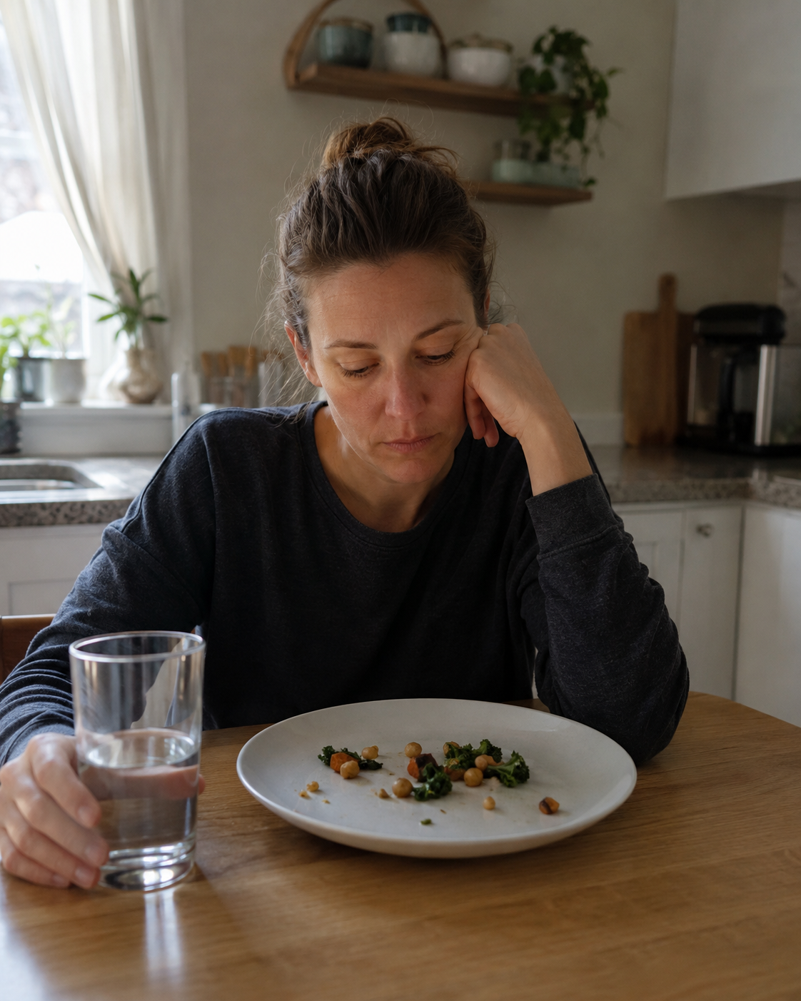 Woman staring at a tiny portion on a large plate, visibly drained