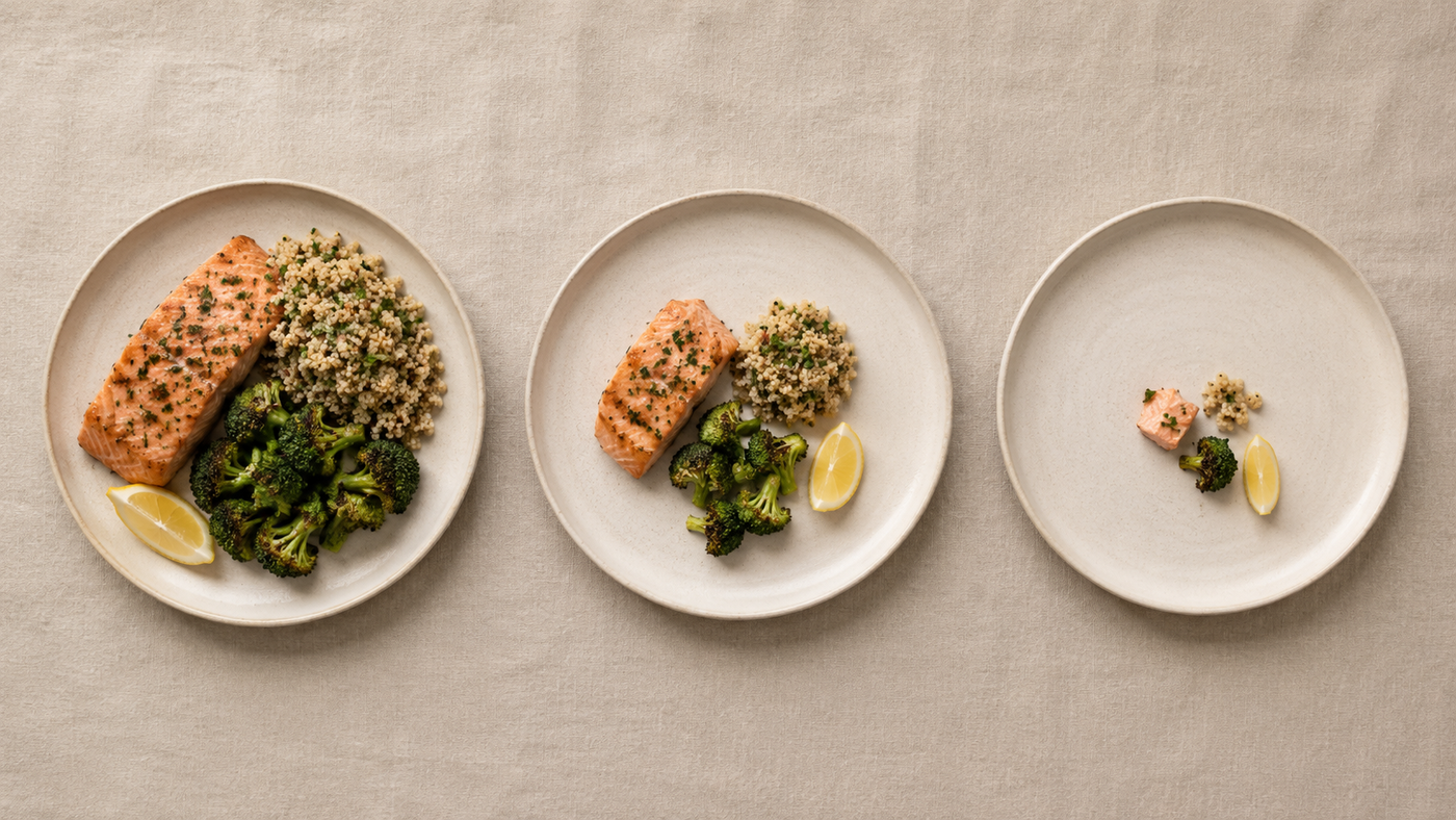 Three plates with portions shrinking from a full meal to a few bites